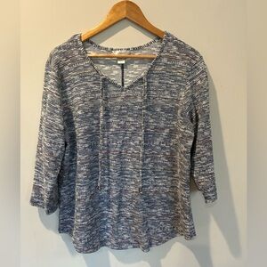 CJ Banks Blue and White Textured Pullover- drawstring neck and 3/4 length sleeve